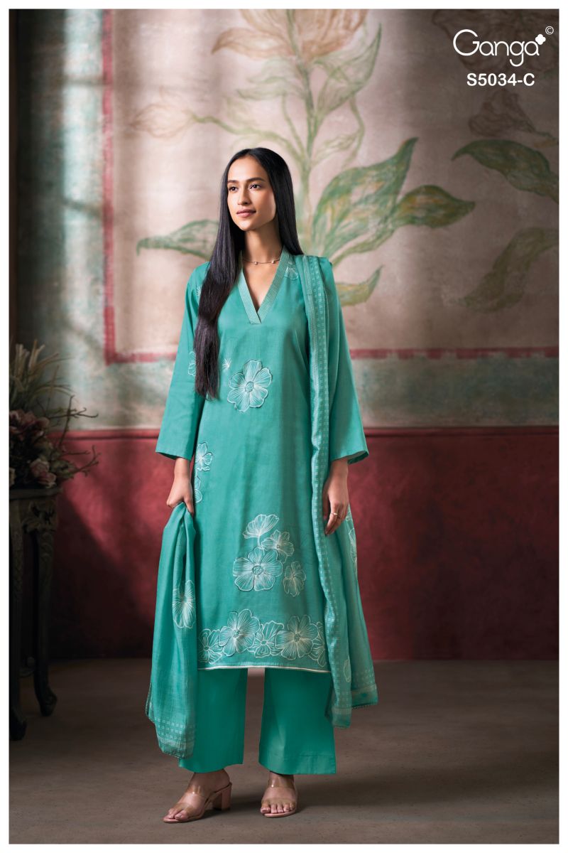 Ganga Fenyra 5034 Cotton Satin Print Aand Hand Embroidered Salwar Kameez Catalog — Wholesale Dress Material, Vardan Ethnic wholesale from Surat — view 2