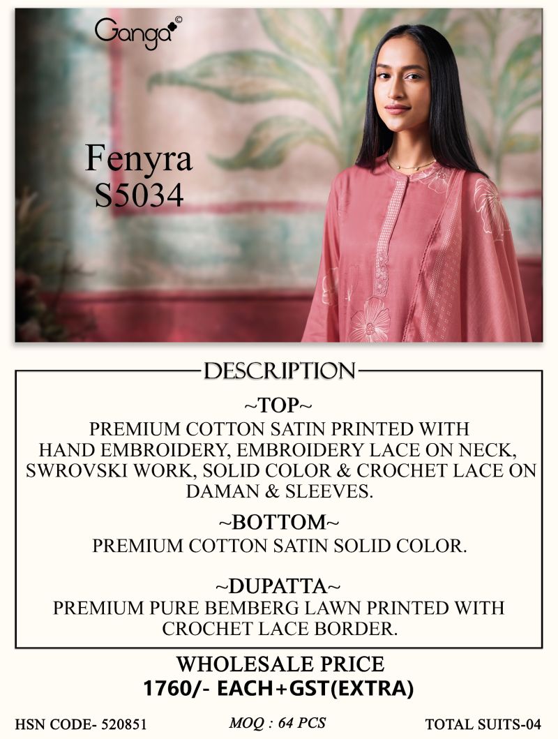 Ganga Fenyra 5034 Cotton Satin Print Aand Hand Embroidered Salwar Kameez Catalog — Wholesale Dress Material, Vardan Ethnic wholesale from Surat — view 5