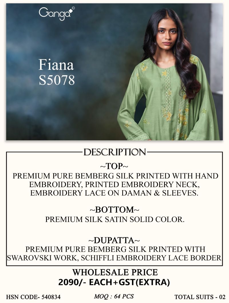 Ganga Fiana 5078 Bemberg Silk Print Embroidered Salwar Kammez — Printed Cotton Dress Material, Vardan Ethnic wholesale from Surat — view 5