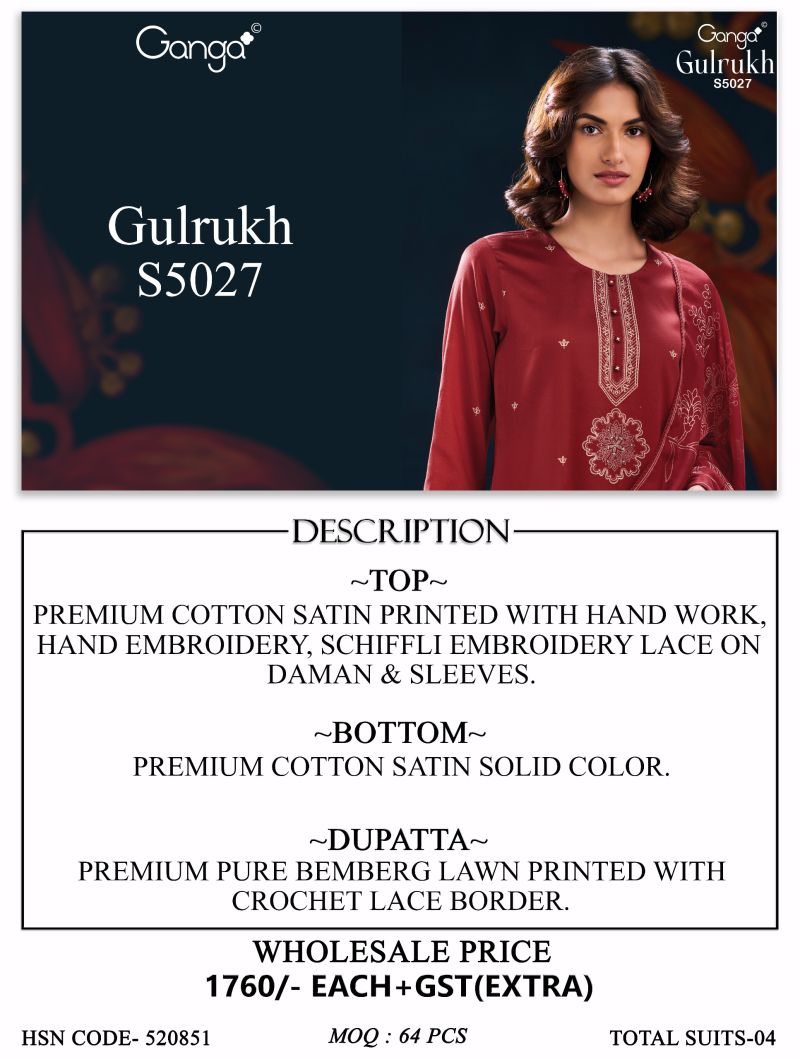 Ganga Gulrukh 5027 Cotton Satin Printed Handwork Salwar Kameez Catalog — Cotton Dress Material, Vardan Ethnic wholesale from Surat — view 10