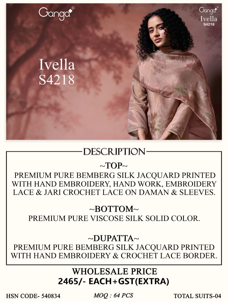 Ganga Ivella 4218 Bemberg Silk Jacquard Printed Salwar Suit — Wholesale Salwar Suits, Ganga wholesale from Surat — view 2