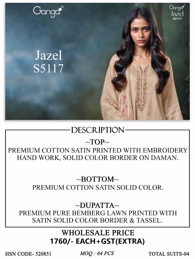 Ganga Jazel 5117 Cotton Satin Embroidered Salwar Kameez Catalog — Cotton Dress Material, Vardan Ethnic wholesale from Surat — view 5