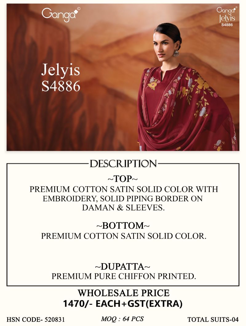 Ganga Jelyis 4886 Cotton Satin Embroidered Salwar Kameez Catalog — Wholesale Dress Material, Vardan Ethnic wholesale from Surat — view 10