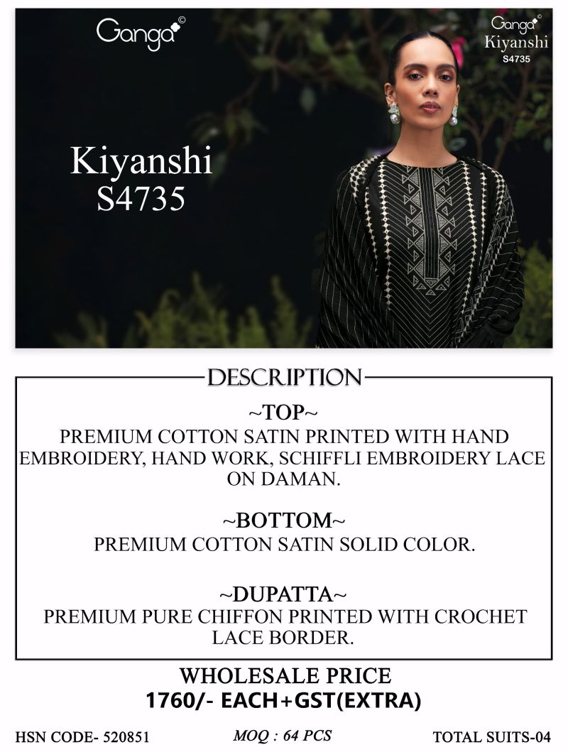 Ganga Kiyanshi 4735 Cotton Satin Print Hand Embroidered Salwar Kameez Catalog — Wholesale Readymade Suit, Ganga wholesale from Surat — view 9