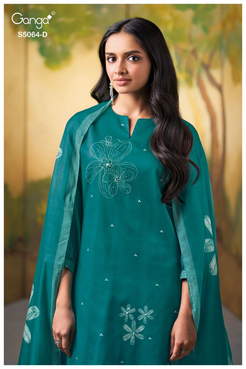 Ganga Maevina 5064 Cotton Satin Print Hand Embroidered Salwar Kameez Catalog