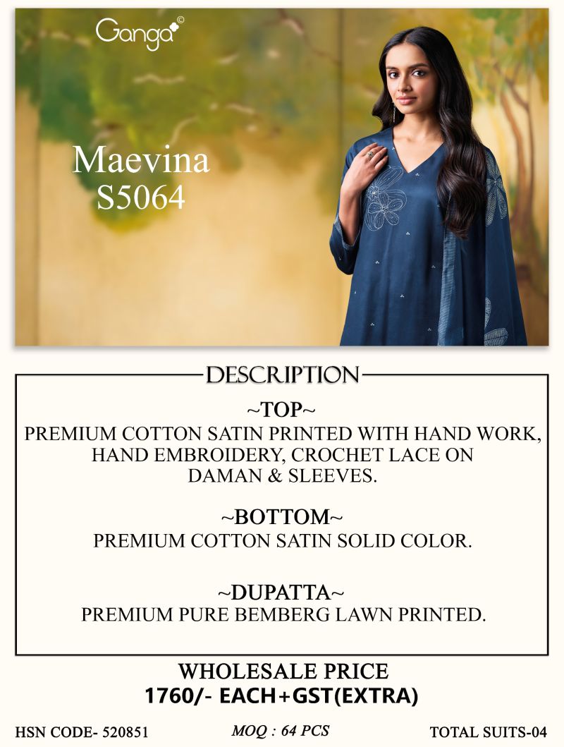 Ganga Maevina 5064 Cotton Satin Print Hand Embroidered Salwar Kameez Catalog — Cotton Dress Material, Ganga wholesale from Surat — view 9