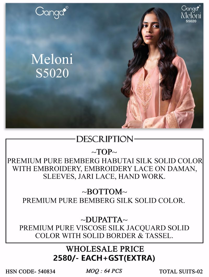 Ganga Meloni 5020 Bemberg Silk Embroidered Salwar Kameez Catalog — Wholesale Kurti With Bottom Dupatta, Vardan Ethnic wholesale from Surat — view 5