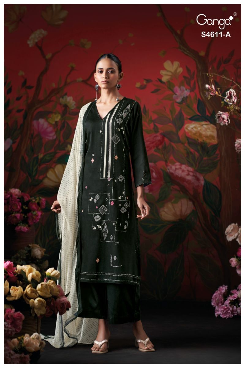 Ganga Nivra 4611 Premium Cotton Satin Hand Embroidered Salawar Kameez Catalog — Designer Readymade Suits, Vardan Ethnic wholesale from Surat — view 2