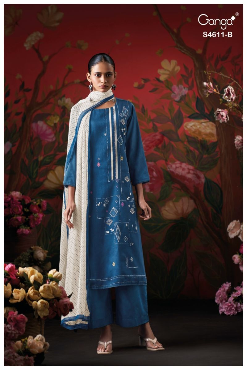 Ganga Nivra 4611 Premium Cotton Satin Hand Embroidered Salawar Kameez Catalog — Designer Readymade Suits, Vardan Ethnic wholesale from Surat — view 6