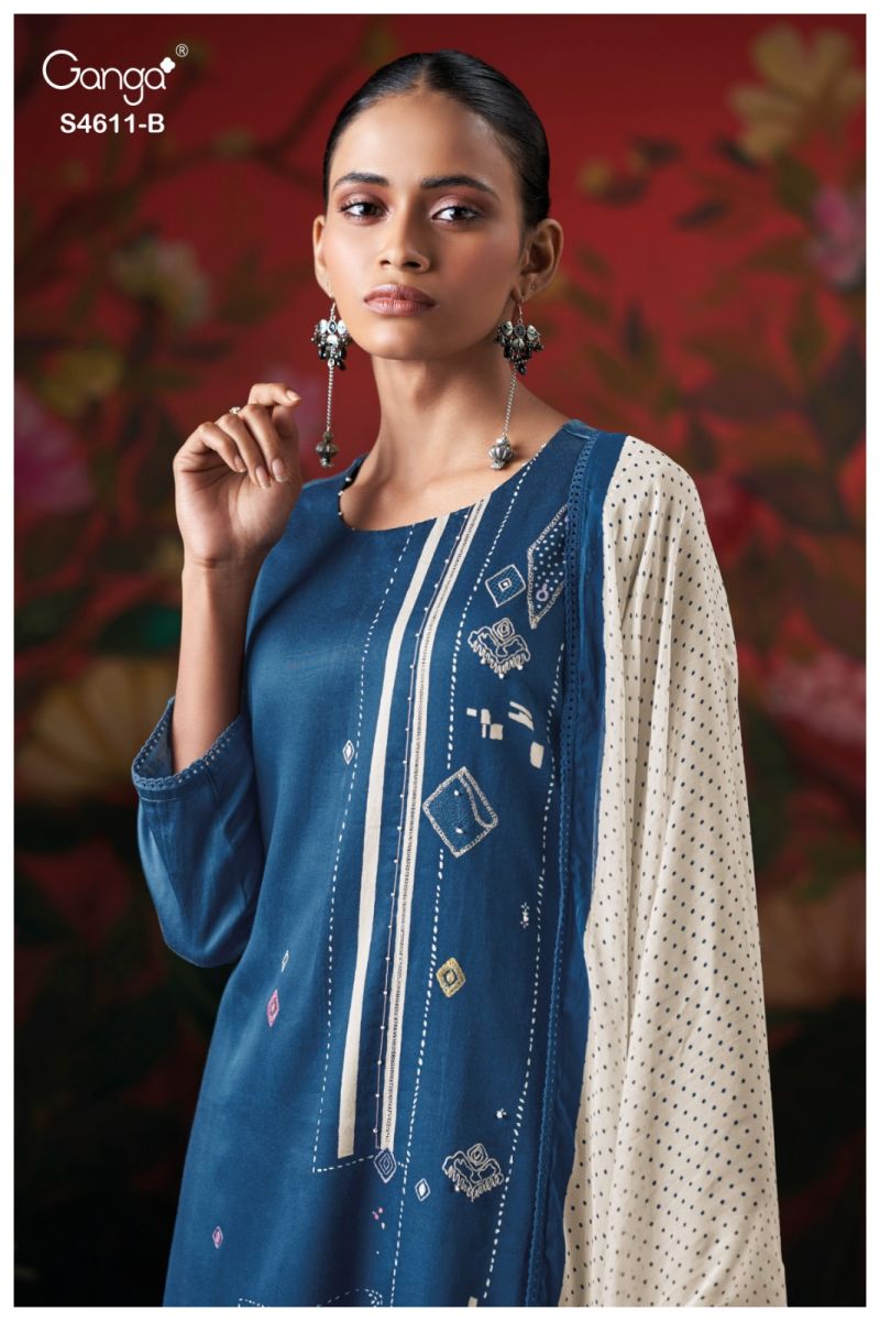 Ganga Nivra 4611 Premium Cotton Satin Hand Embroidered Salawar Kameez Catalog — Designer Readymade Suits, Vardan Ethnic wholesale from Surat — view 7