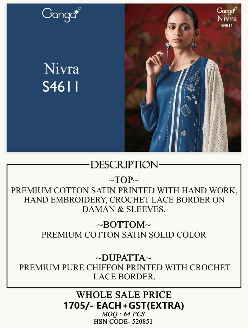 Ganga Nivra 4611 Premium Cotton Satin Hand Embroidered Salawar Kameez Catalog — Designer Readymade Suits, Vardan Ethnic wholesale from Surat — view 9