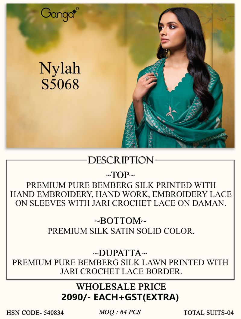 Ganga Nylah 5068 Bemberg Silk Print With Hand Embroidered Salwar Kameez Catalog — Wholesale Salwar Suits, Ganga wholesale from Surat — view 9