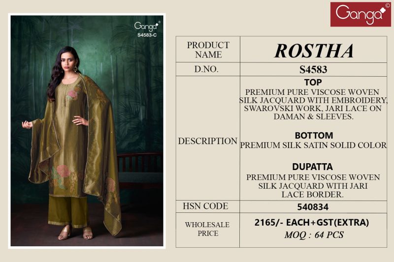 Ganga Rostha 4583 Viscose Woven Silk Jacquard Work Salwar Suit — Wholesale Salwar Suits, Ganga wholesale from Surat — view 5
