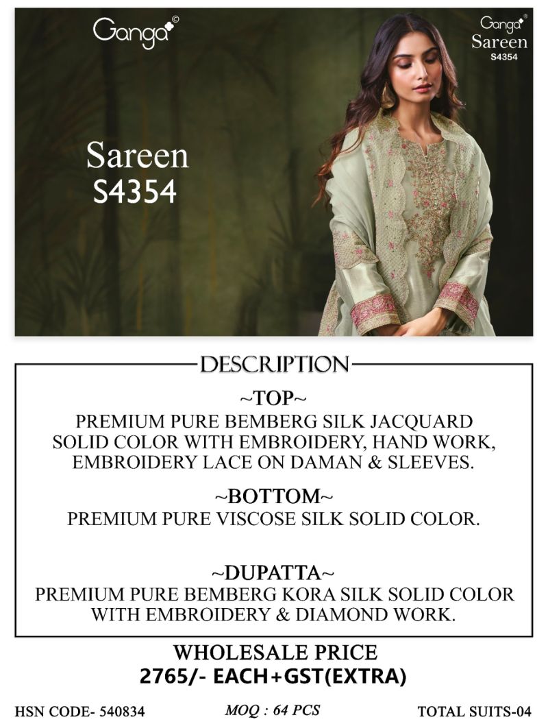 Ganga Sareen 4354 Bemberg Silk Jacquard Work Salwar Suit — Wholesale Designer Salwar Suits, Ganga wholesale from Surat — view 2