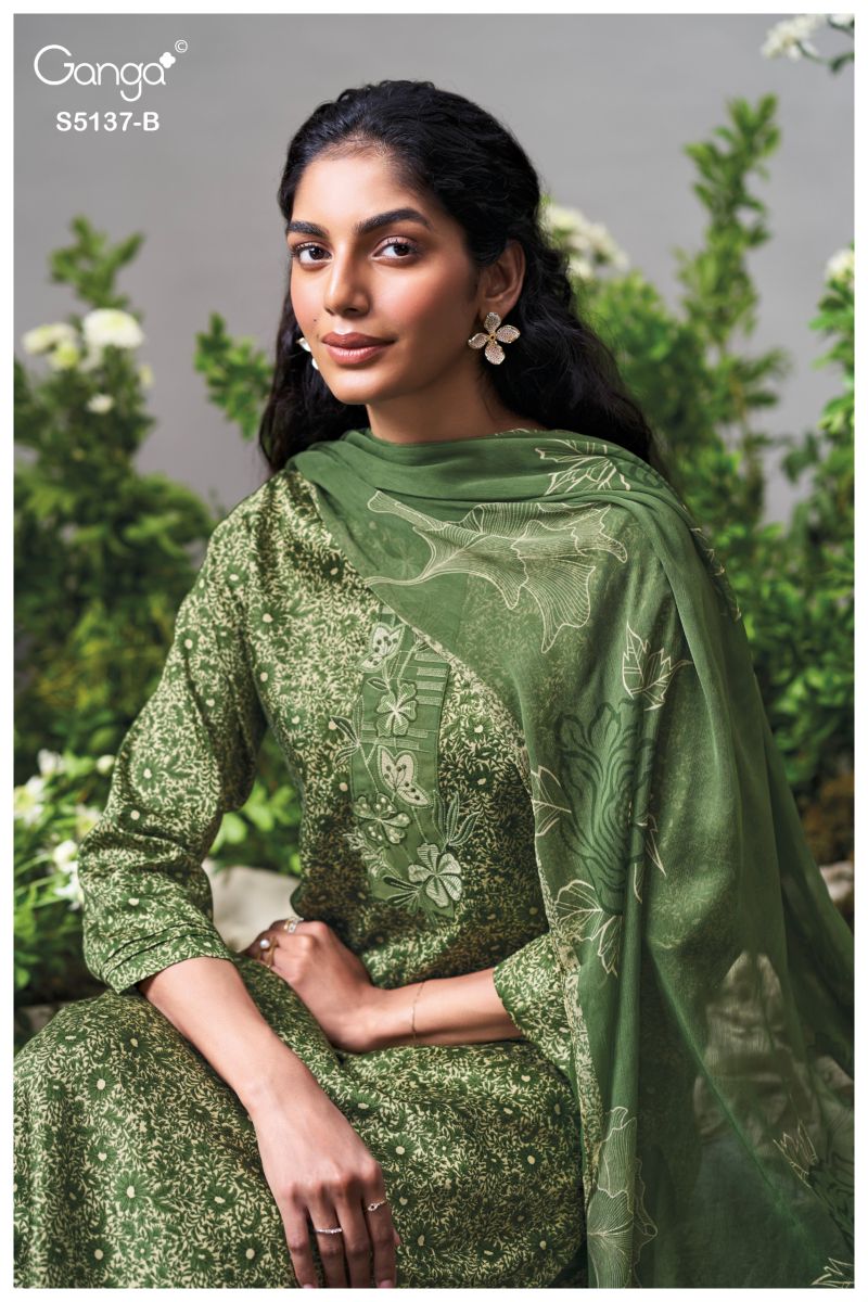 Ganga Surveen 5137 Cotton Satin Print WIth Embroidered Salwar Kameez Dress Material