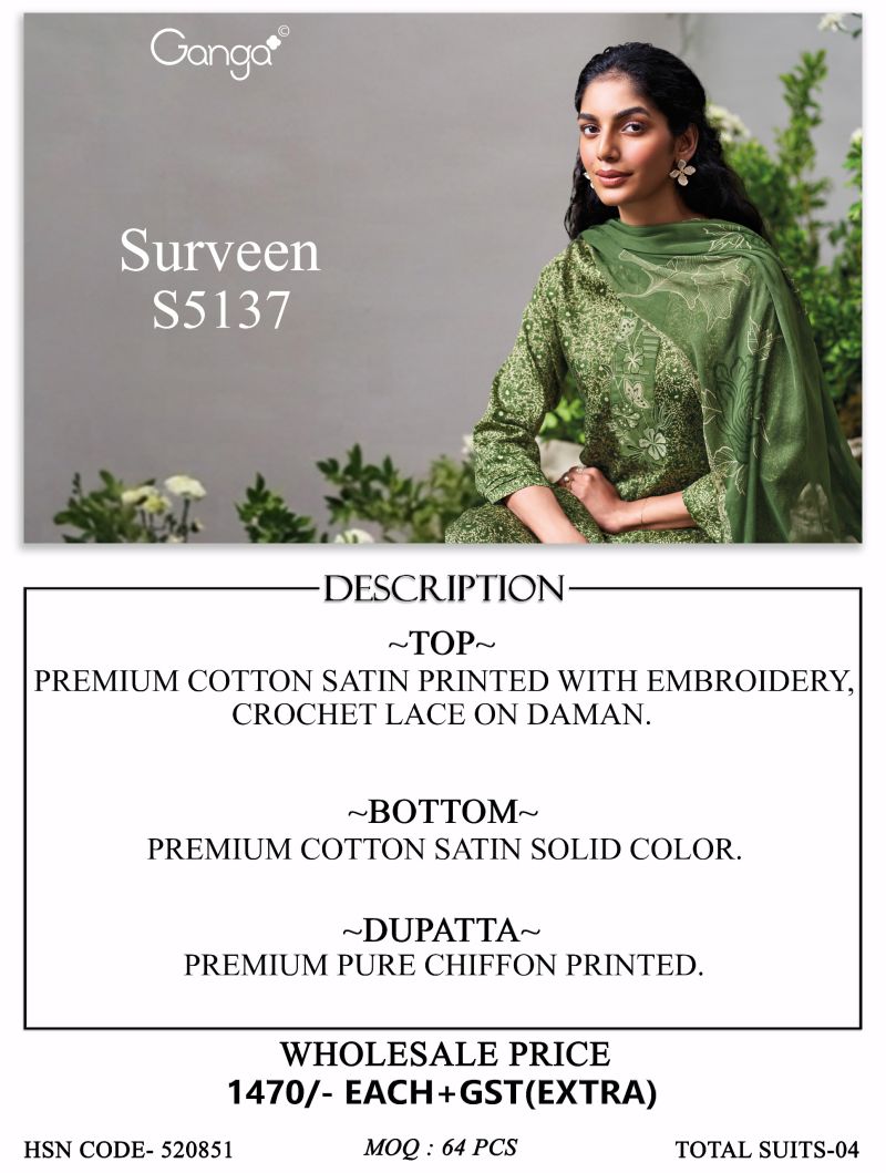 Ganga Surveen 5137 Cotton Satin Print WIth Embroidered Salwar Kameez Dress Material — Wholesale Readymade Suit, Ganga wholesale from Surat — view 9