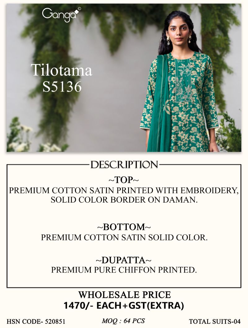 Ganga Tilotama 5136 Cotton Satin Printed Salawar Kameez Catalog — Wholesale Dress Material, Vardan Ethnic wholesale from Surat — view 6