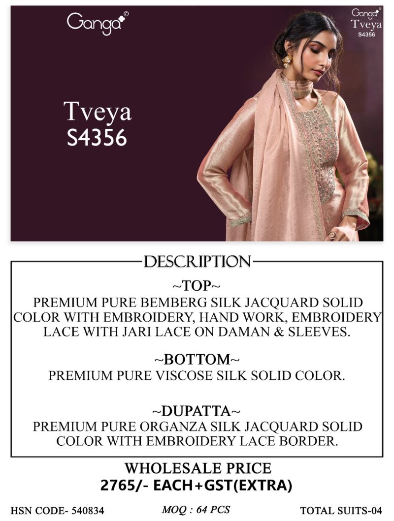 Ganga Tveya 4356 Bemberg Silk Jacquard Work Salwar Suit — Wholesale Salwar Suits, Ganga wholesale from Surat — view 2
