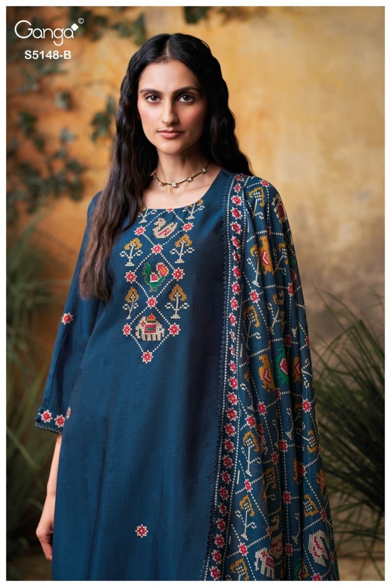 Ganga Zendaya 5148 Bemberg Russian Silk Print And Embroidered Salwar Kameez Dress Material