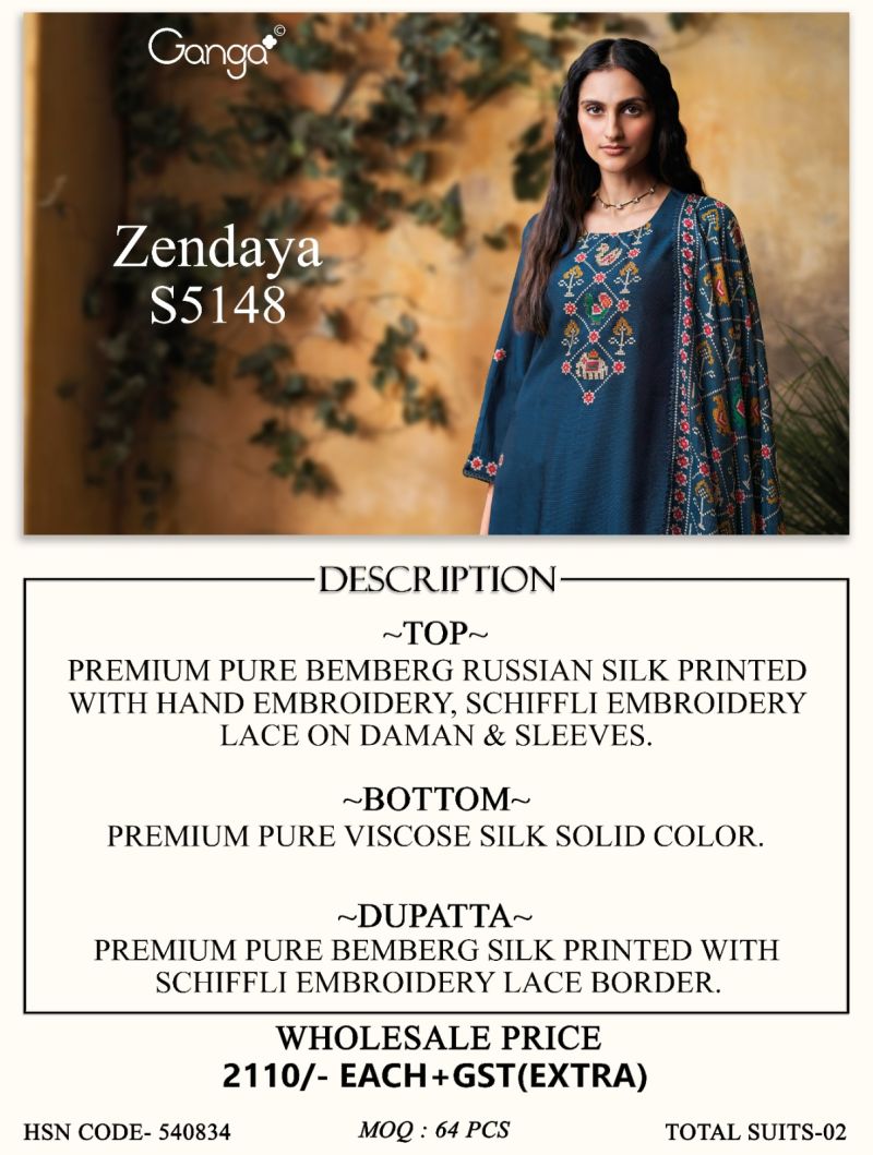 Ganga Zendaya 5148 Bemberg Russian Silk Print And Embroidered Salwar Kameez Dress Material — Wholesale Readymade Suit, Ganga wholesale from Surat — view 5