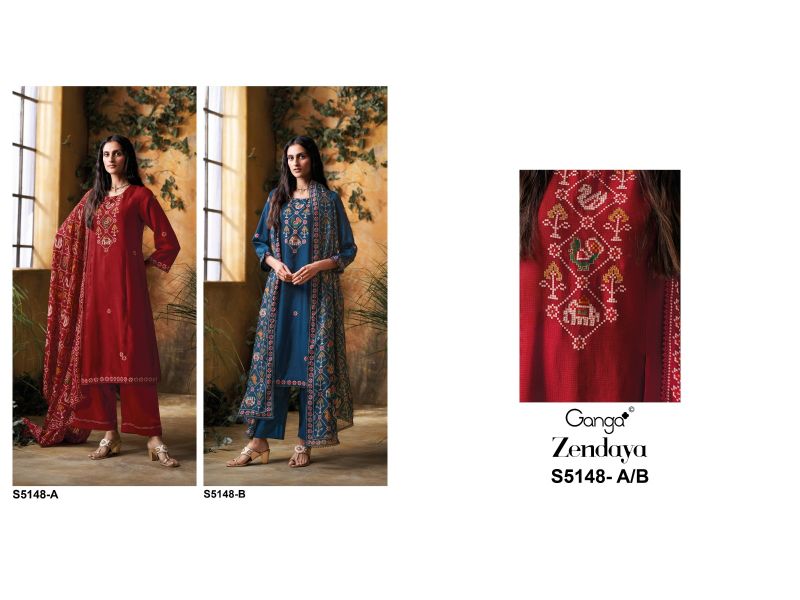 Ganga Zendaya 5148 Bemberg Russian Silk Print And Embroidered Salwar Kameez Dress Material — Wholesale Readymade Suit, Ganga wholesale from Surat — view 6