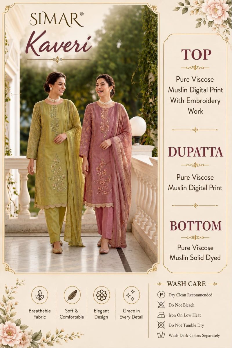 Glossy Simar Kaveri Viscose Maslin Digital Print Embroidered Salwar Kameez — Wholesale Dress Material, Vardan Ethnic wholesale from Surat — view 4