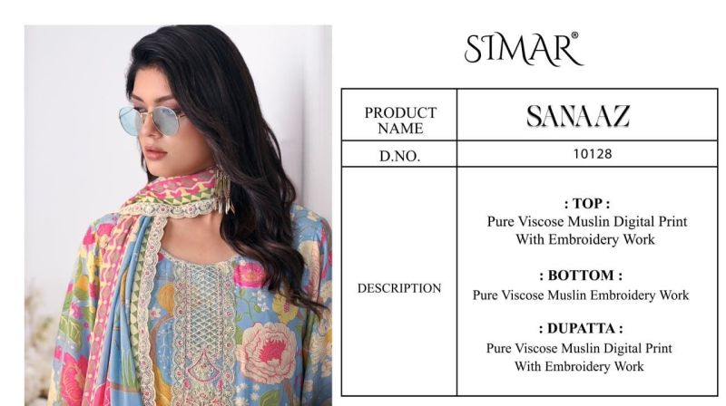 Glossy Simar Sanaaz Viscose Muslin Digital Print Embroidered Salwar Kameez Catalog — Wholesale Salwar Suits, Glossy wholesale from Surat — view 2