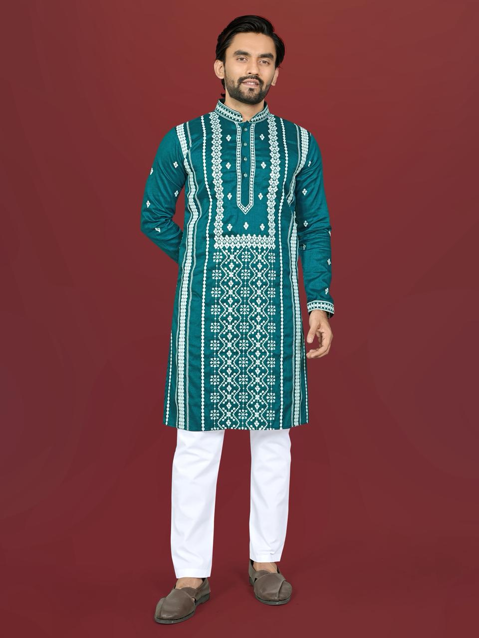 Gulzaar Men's Soft Silk Embroidered Kurta Pajama Set