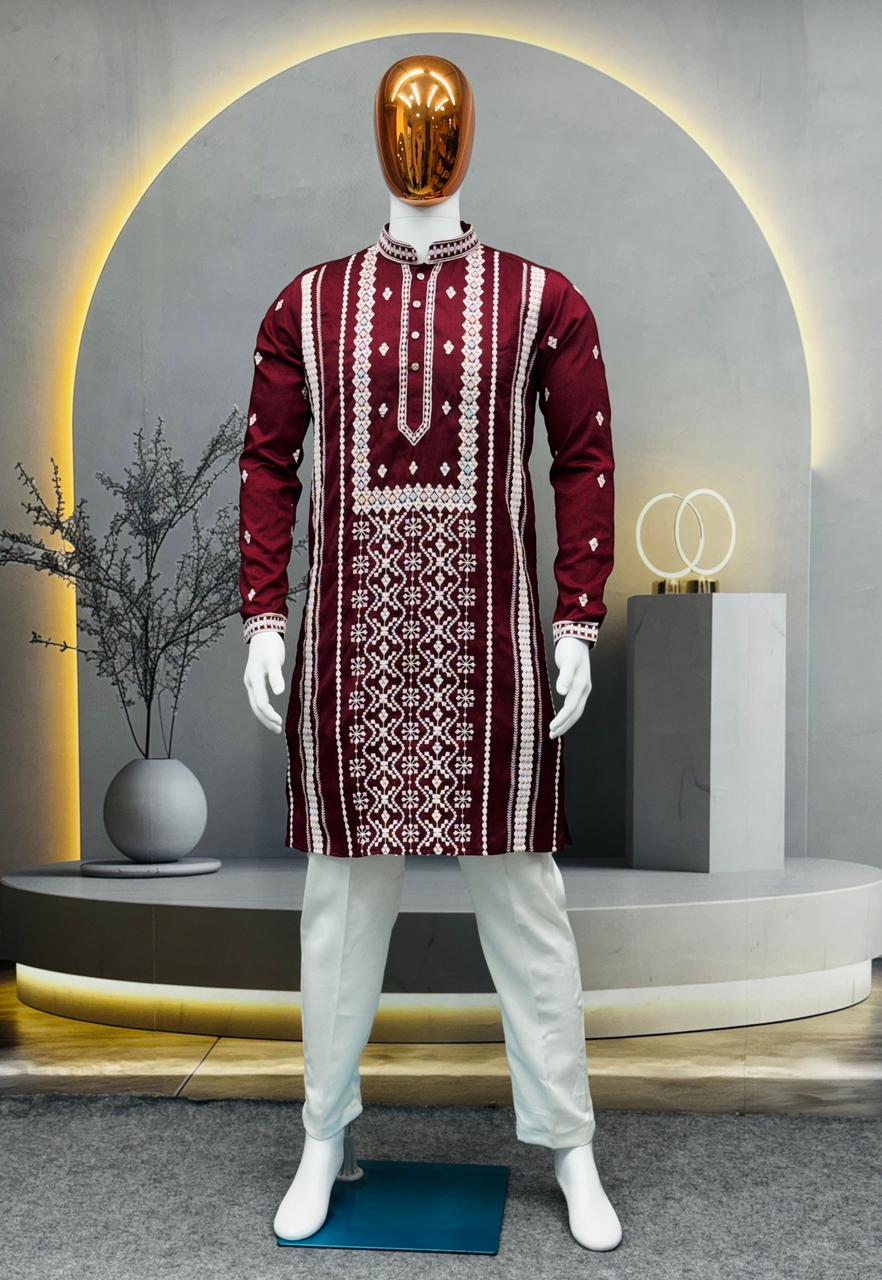 Gulzaar Men's Soft Silk Embroidered Kurta Pajama Set — Men's Wear, Vardan Ethnic wholesale from Surat — view 8