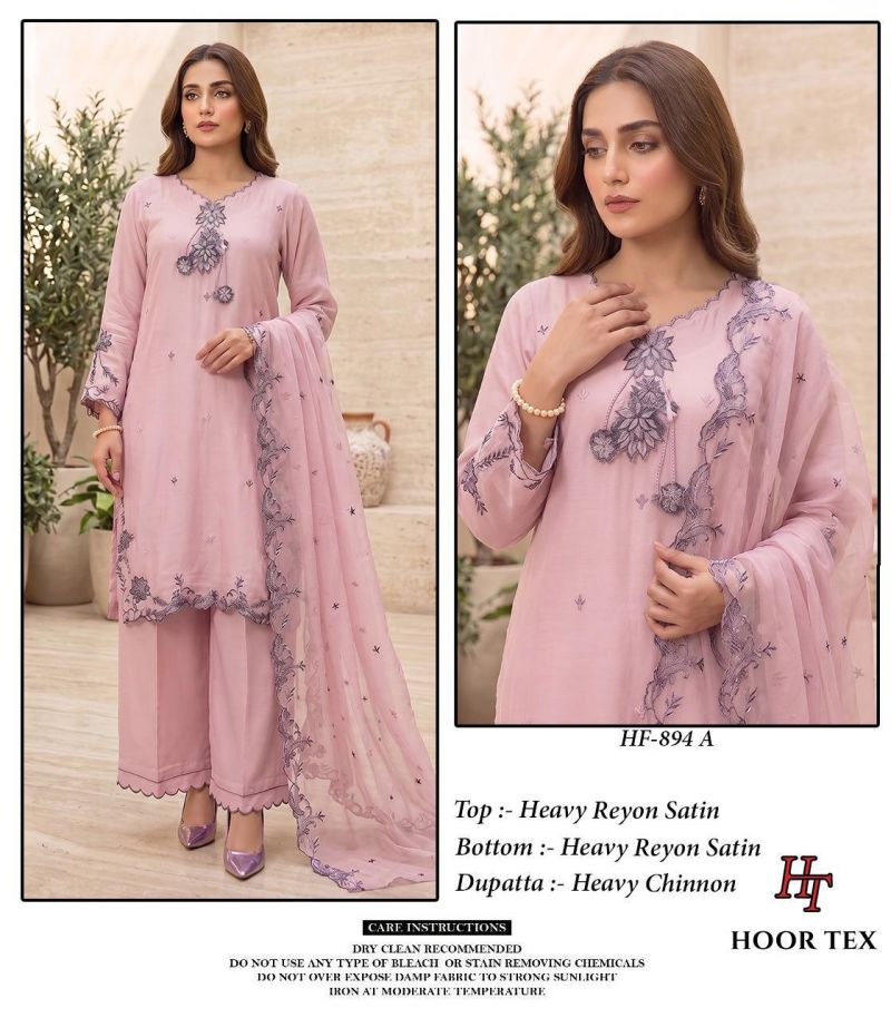Hoor Tex 894 A To D Rayon Satin Embroidered Salwar Kameez Catalog — Wholesale Pakistani Suits, hoor Tex wholesale from Surat — view 4