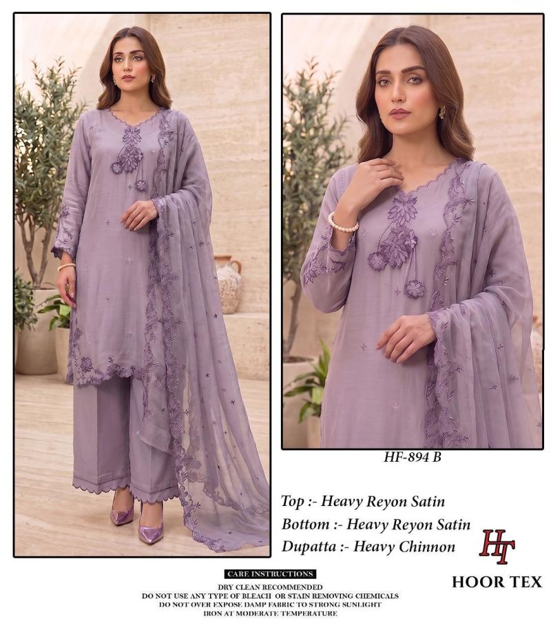 Hoor Tex 894 A To D Rayon Satin Embroidered Salwar Kameez Catalog — Wholesale Pakistani Suits, hoor Tex wholesale from Surat — view 5