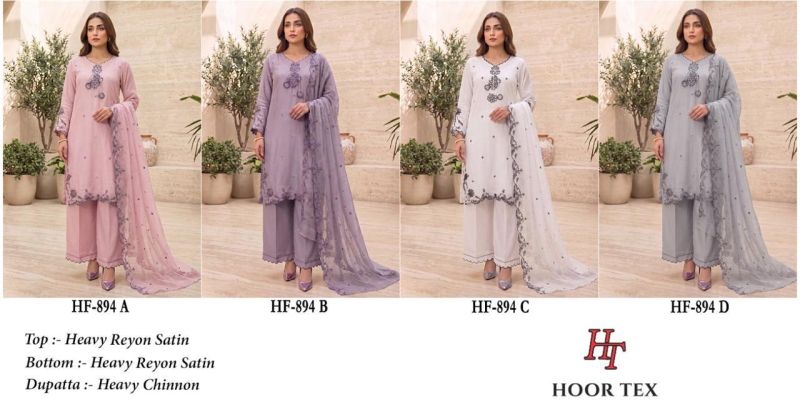 Hoor Tex 894 A To D Rayon Satin Embroidered Salwar Kameez Catalog — Wholesale Pakistani Suits, hoor Tex wholesale from Surat — view 3