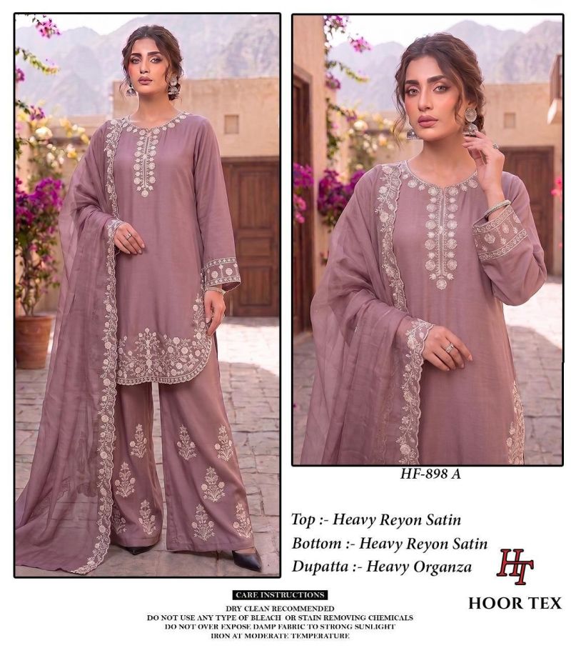 Hoor Tex 898 A To D Rayon Satin Embroidered Salwar Kameez Catalog — Wholesale Salwar Suits, hoor Tex wholesale from Surat — view 2