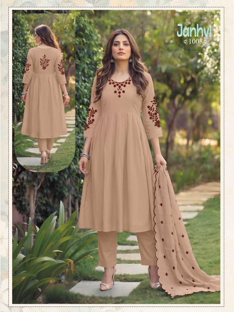 Janhvi Vol 2 Mul Chanderi Embroidered Kurti With Bottom Dupatta