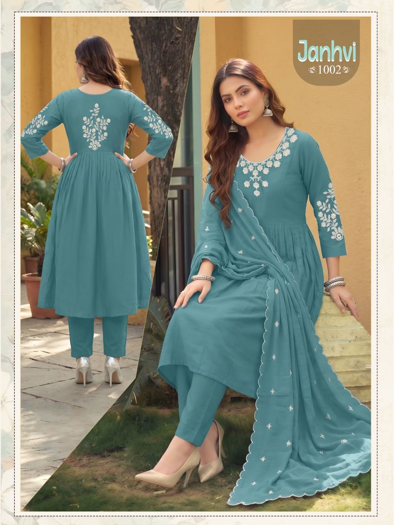 Janhvi Vol 2 Mul Chanderi Embroidered Kurti With Bottom Dupatta — Wholesale Readymade Suit, Vardan Ethnic wholesale from Surat — view 5
