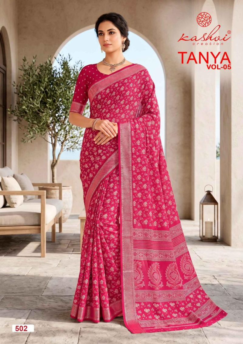 Kashvi Tanya Vol 5 Dull Moss Viscose Border Printed Saree Catalog — Silk Sarees, Kashvi wholesale from Surat — view 3
