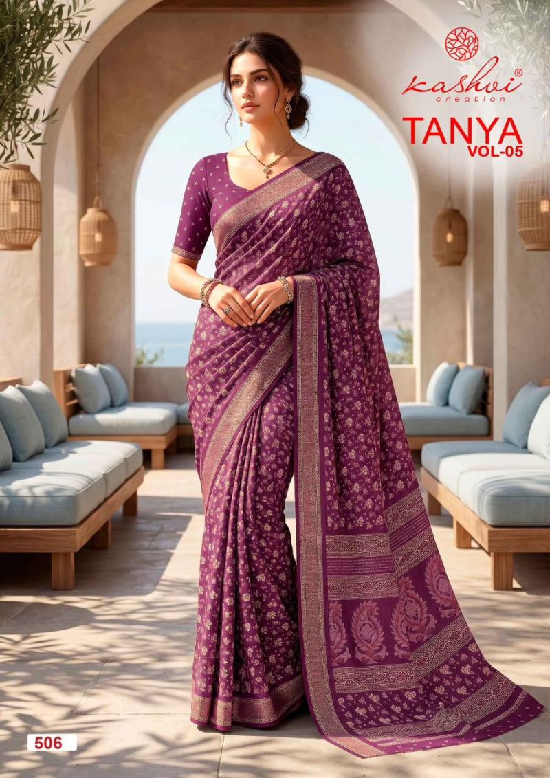 Kashvi Tanya Vol 5 Dull Moss Viscose Border Printed Saree Catalog — Silk Sarees, Kashvi wholesale from Surat — view 4