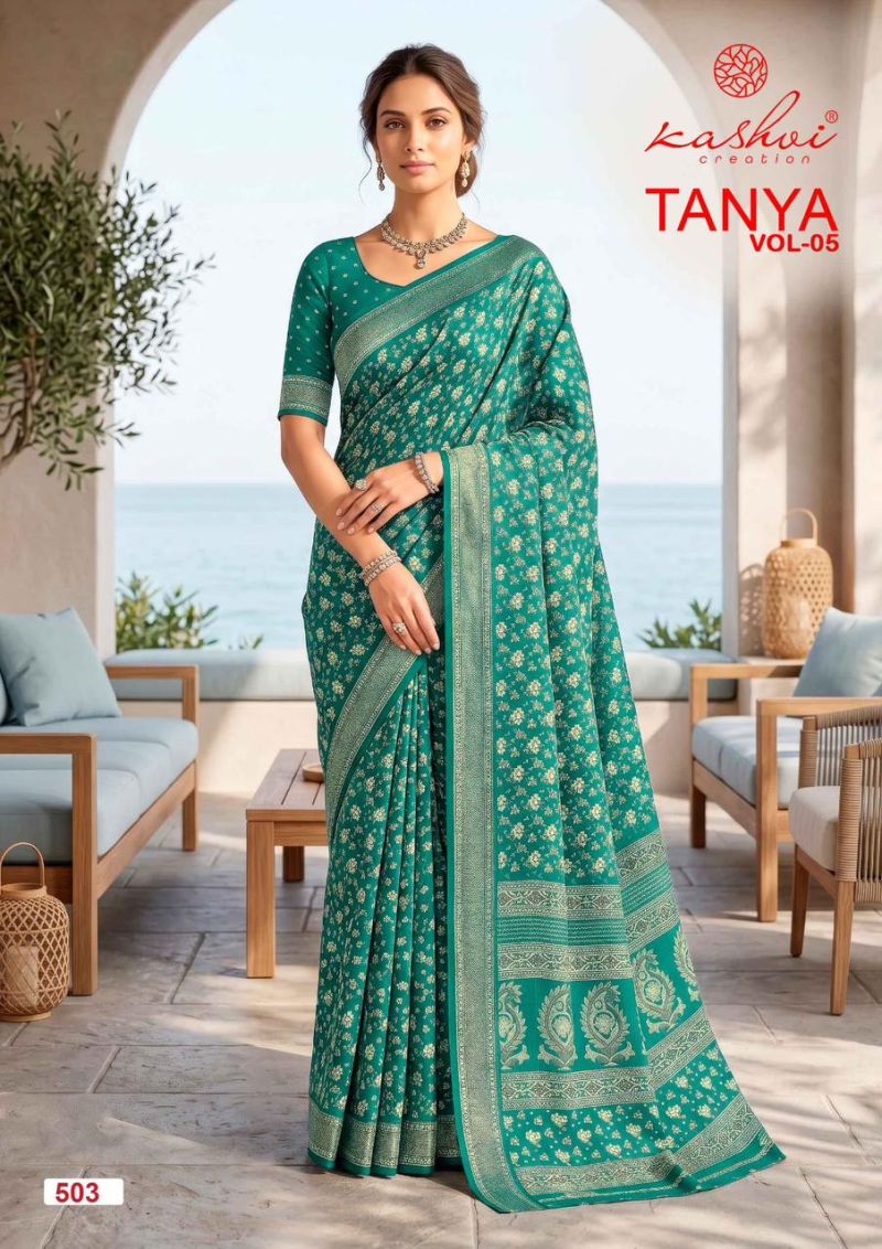 Kashvi Tanya Vol 5 Dull Moss Viscose Border Printed Saree Catalog