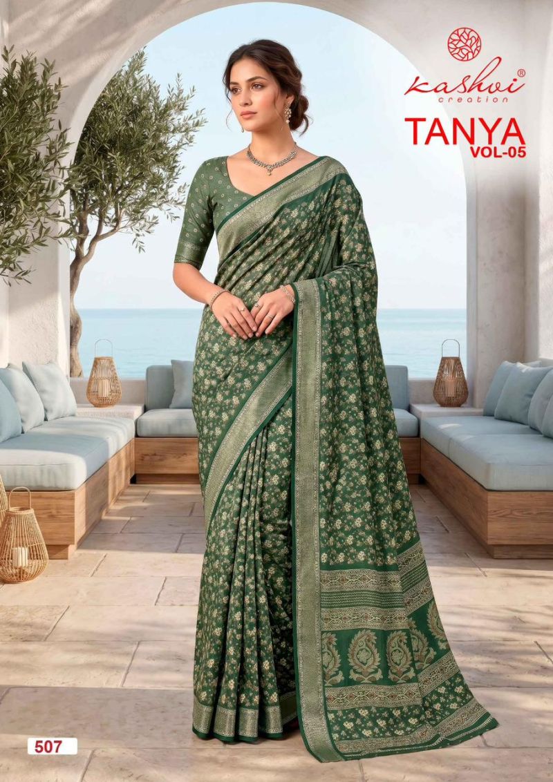 Kashvi Tanya Vol 5 Dull Moss Viscose Border Printed Saree Catalog — Silk Sarees, Kashvi wholesale from Surat — view 5
