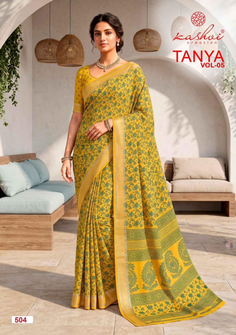 Kashvi Tanya Vol 5 Dull Moss Viscose Border Printed Saree Catalog — Silk Sarees, Kashvi wholesale from Surat — view 6