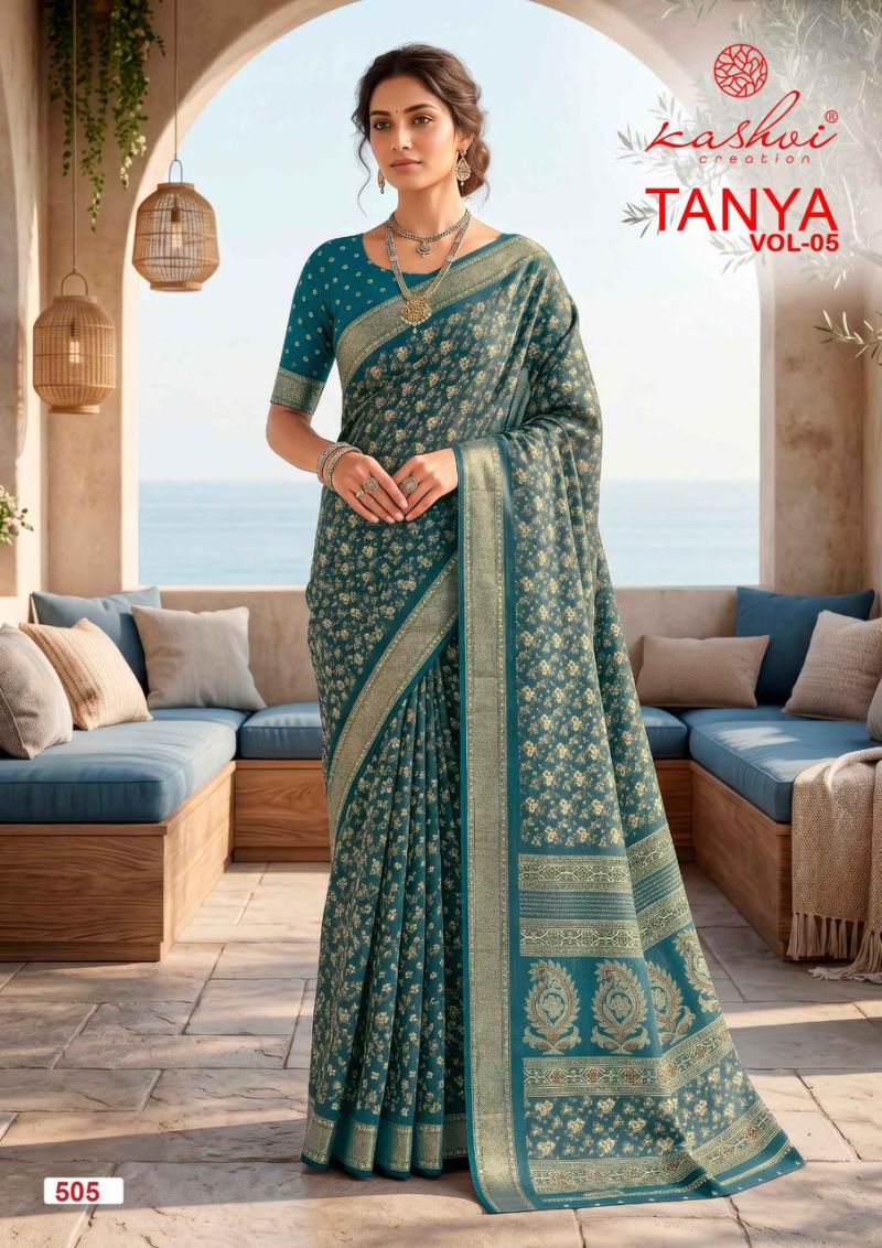 Kashvi Tanya Vol 5 Dull Moss Viscose Border Printed Saree Catalog — Silk Sarees, Kashvi wholesale from Surat — view 7