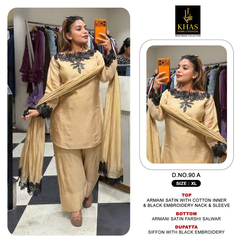 Khas 90 A To C Armani Satin Black Embroidered Farshi Salwar Kameez Catalog — Wholesale Kurtis, Vardan Ethnic wholesale from Surat — view 2