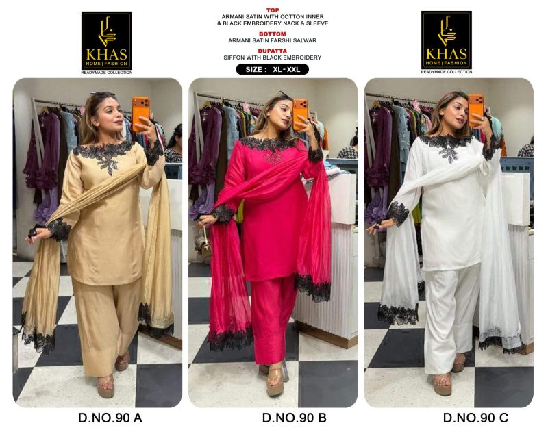 Khas 90 A To C Armani Satin Black Embroidered Farshi Salwar Kameez Catalog — Wholesale Kurtis, Vardan Ethnic wholesale from Surat — view 4