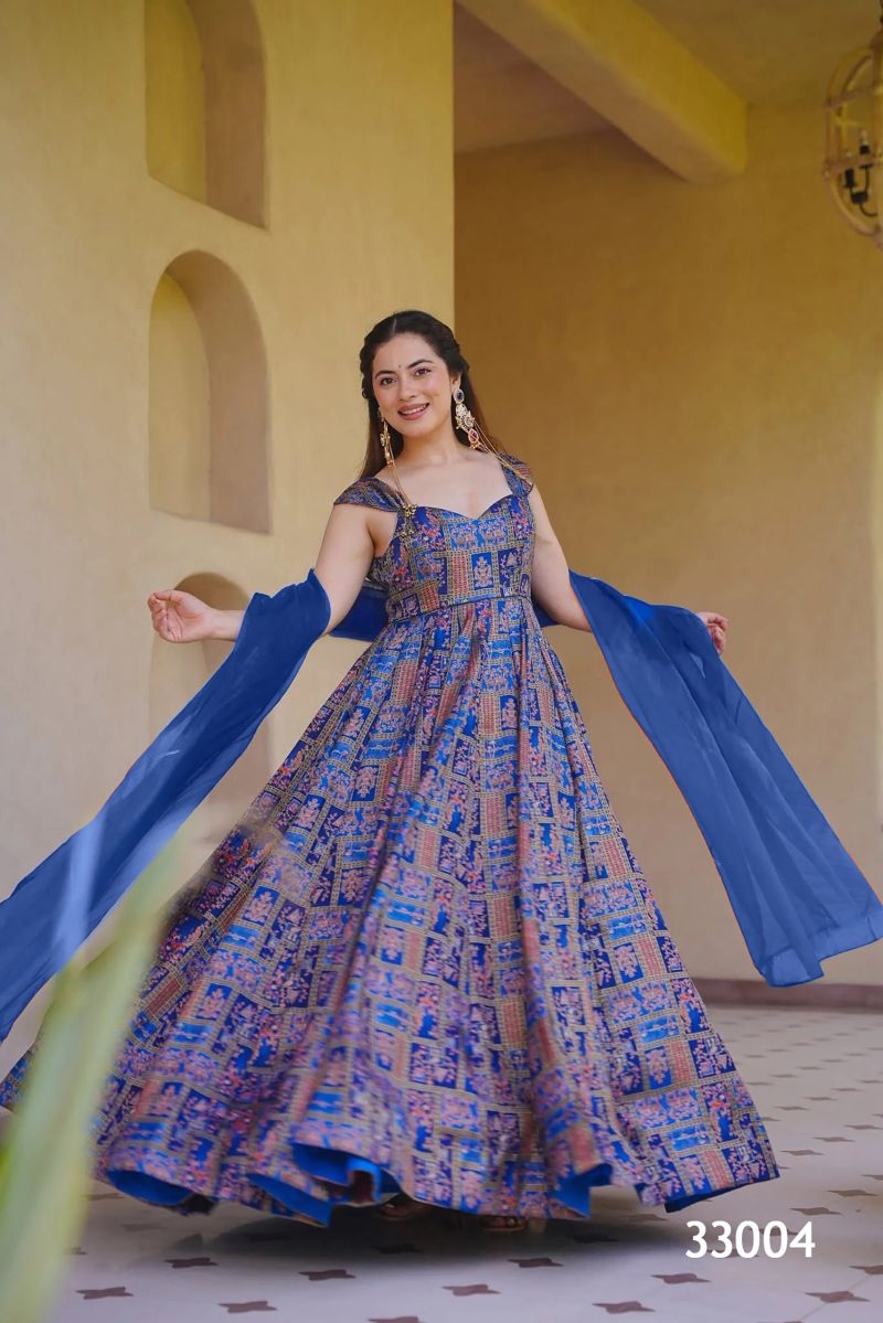 Lucaya Vol 33 Silk Digital Printed Flared Gown With Dupatta Set