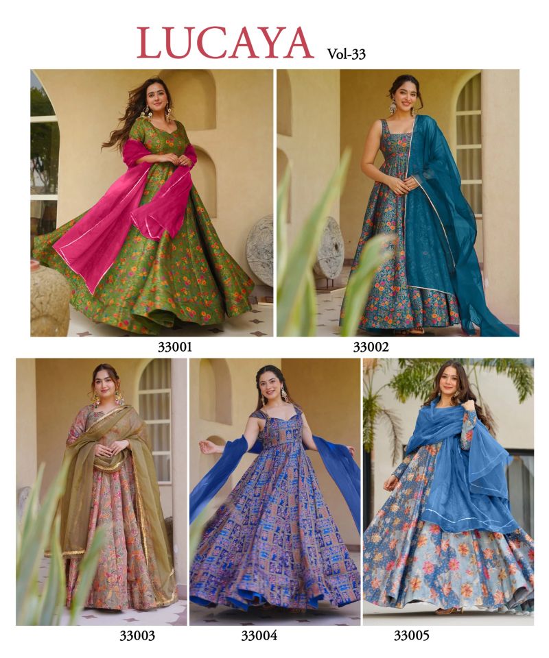 Lucaya Vol 33 Silk Digital Printed Flared Gown With Dupatta Set — Wholesale Kurtis, Lucaya wholesale from Surat — view 12