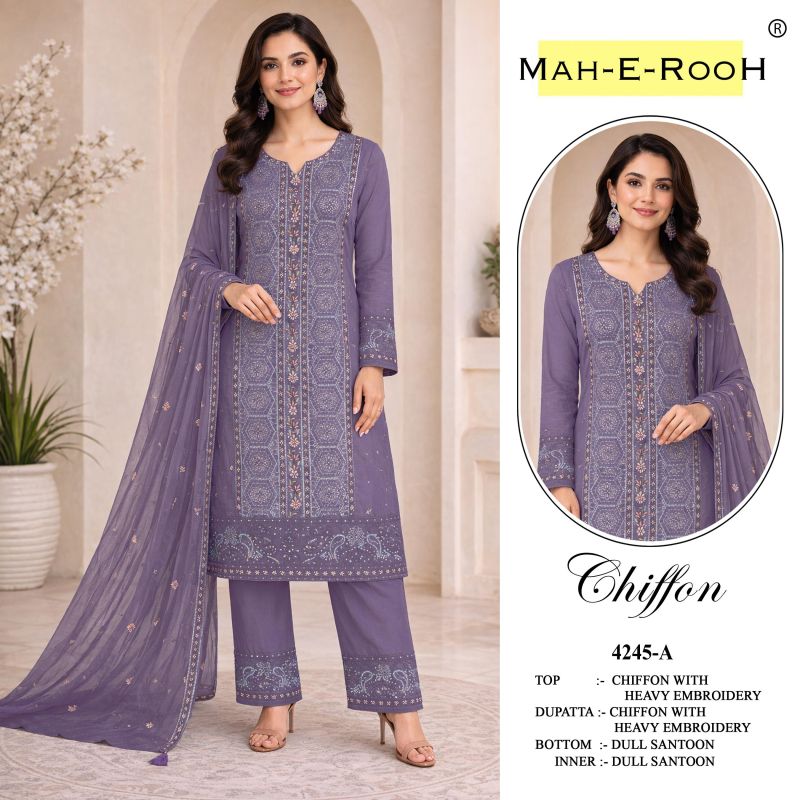 Mah E Rooh 4245 A To D Chiffon Embroidered Salwar Kameez Catalog — Wholesale Salwar Kameez, Vardan Ethnic wholesale from Surat — view 4
