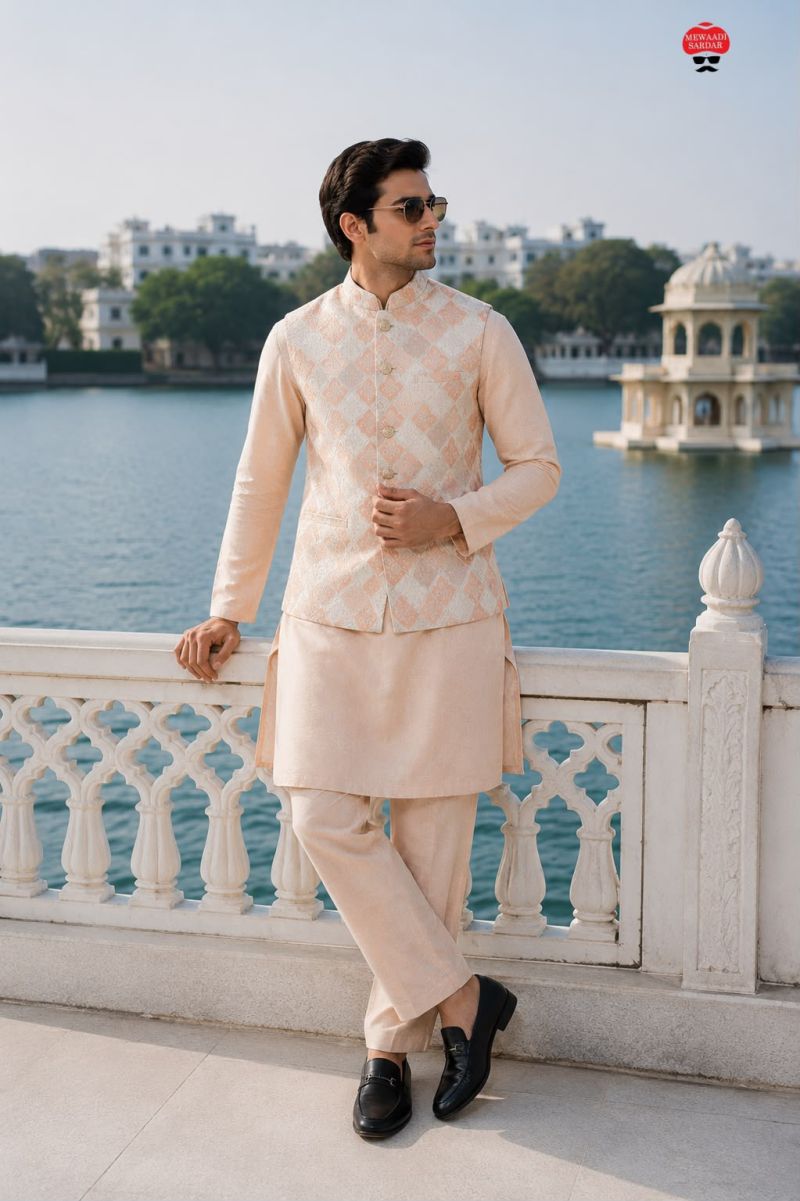 Malai Mens Kurta Vol 1 Malai Satin jacquard Work Kurta Bottom With Koti — Men's Wear, Vardan Ethnic wholesale from Surat — view 3