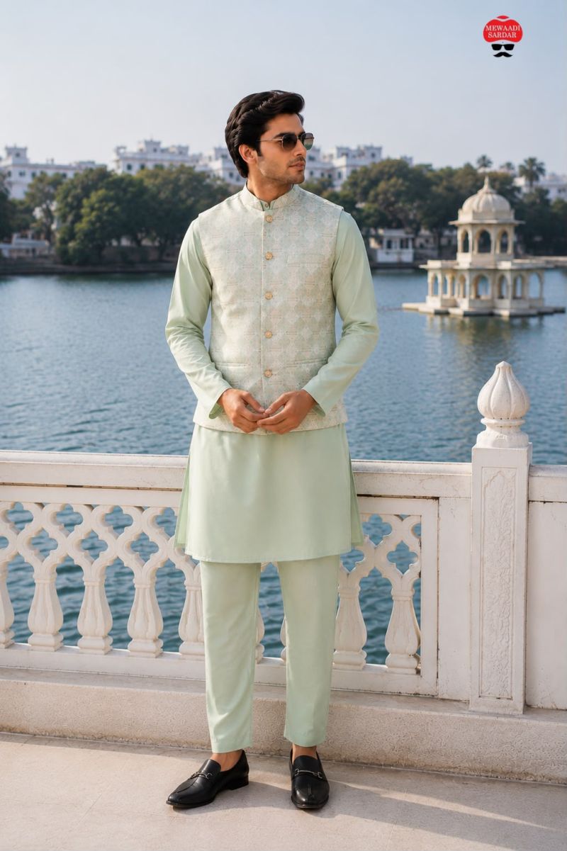 Malai Mens Kurta Vol 1 Malai Satin jacquard Work Kurta Bottom With Koti — Men's Wear, Vardan Ethnic wholesale from Surat — view 4