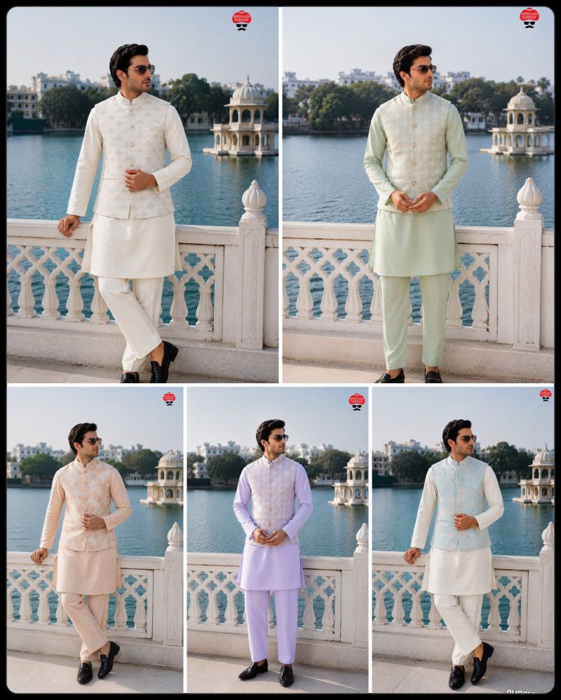 Malai Mens Kurta Vol 1 Malai Satin jacquard Work Kurta Bottom With Koti — Men's Wear, Vardan Ethnic wholesale from Surat — view 7