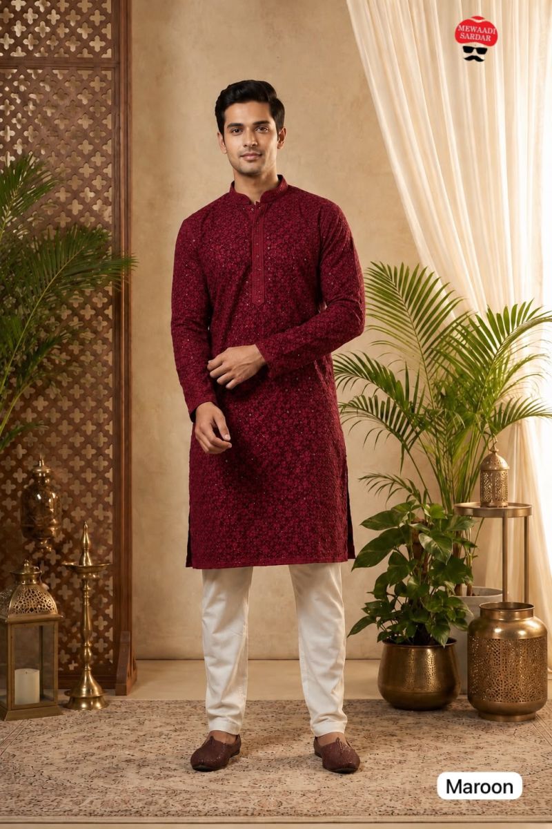 Manyavar Chikankari Vol 2 Rayon Chikan Schiffli Work Mens Kurta With Pant — Men's Wear, Vardan Ethnic wholesale from Surat — view 3